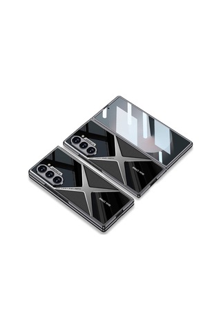Samsung Galaxy Uyumlu Z Fold 6 Kılıf Ultra İnce Kamera Korumalı Pc + Deri Arka Yüzey Novatech X-pro Kılıf Titanyum-Gri