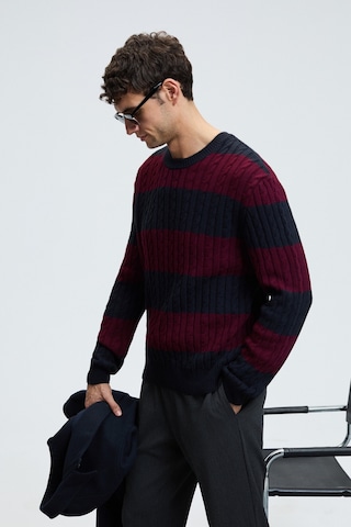 BRAID Erkek Yuvarlak Yaka Saç Örgü Desenli Regular Fit Bordo - Lacivert Kazak