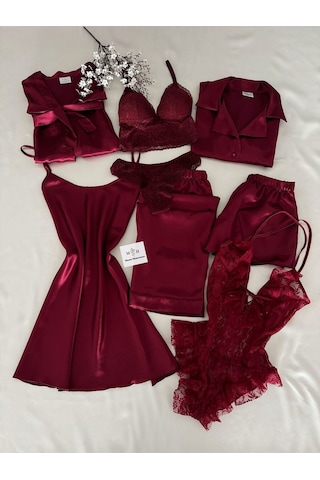 Mh Moony Homewears Kutulu 16 Parça Mudodo Bordo Saten Pijama Gecelik Sabahlık Iç Giyim Çeyiz Seti Muhteşem Bordo