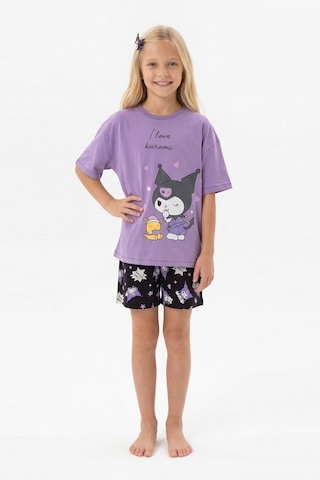 Alkın Kids 8-13 Yaş Kız Çocuk Karakter Baskılı %100 Pamuklu Kısa Kollu Şortlu Pijama Takımı Mor