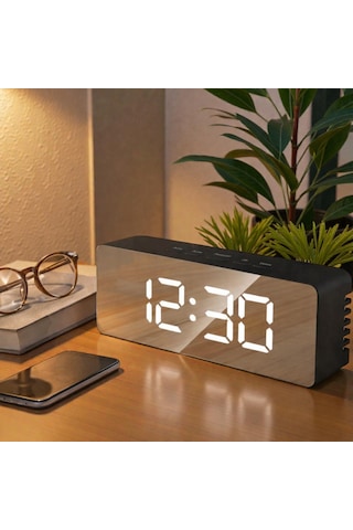 Dijital Aynalı Led Çalar Saat Usb & Pil Destekli, Termometreli, Alarm, Gece Modlu Elektronik Saat Siyah