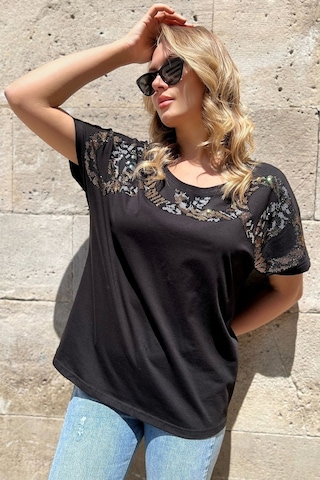 Rich Glam Bol Kalıp Leopar Crystal Taşlı Büyük Beden Kırmızı Şık Rahat Kadın T-shirt Siyah