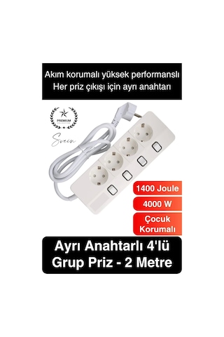 Özel Üretim 4'lü Ayrı Anahtarlı 2 Metre Akım Korumalı Grup Priz 1400 Joule 4000w Çoklu Uzatma Kablo Diğer