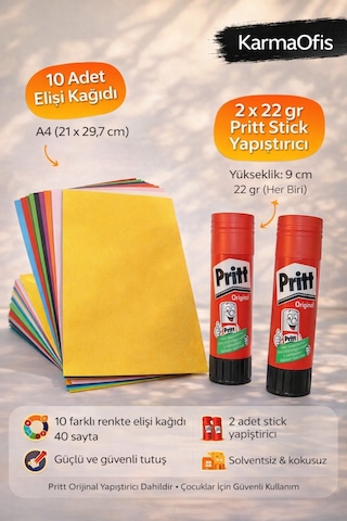 10 Lu Elişi Kağıdı A4 + 2 Li 22 Gr Pritt Stick Yapıştırıcı Seti Renkli Kağıt Okul Ve Etkinlik Seti