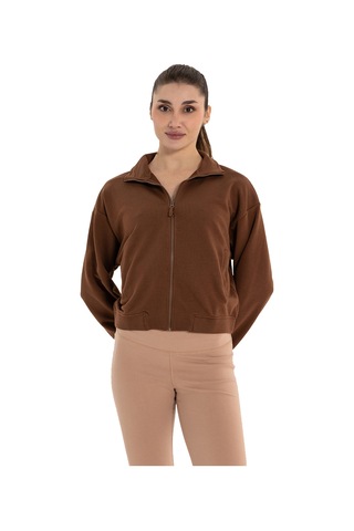 Inguz Dik Yaka Fermuarlı Organik Pamuk Sweatshirt Kahverengi