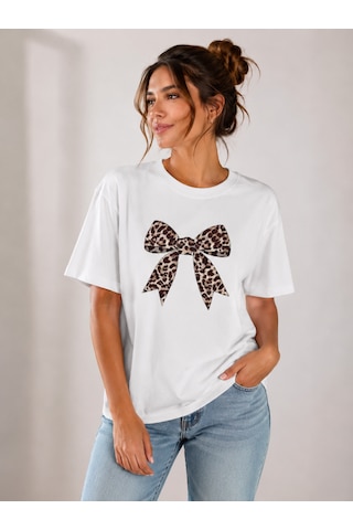Bozzbozzcollection Leopar Fiyonk Baskılı Oversize Beyaz Tişört Kadın