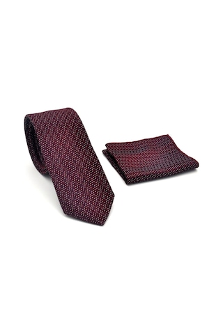 Beyaz Kırcıl Desenli Bordo Dokuma Kumaş Mendilli Slim Fit Kravat // Sdk-2504-3 Bordo