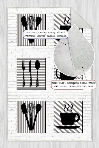 Dijital Baskılı Dekoratif Kaymaz Taban Yıkanabilir Mutfak Eşyası Desenli Halı Mutfak Halısı Yolluk Salon Halısı Gri