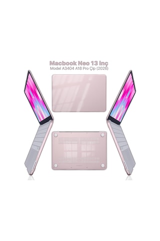 Macbook Neo 13 İnç A3404 Uyumlu Kılıf Kristal Kapak Şeffaf Parlak Tam Koruma Alt Üst Koruyucu Pembe