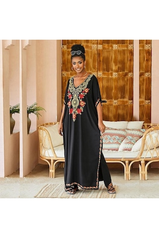 Edolynsa Siyah Vintage İşlemeli Uzun Kaftan Siyah