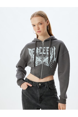 Koton Crop Sweatshirt Fermuarlı Kapüşonlu Korse Detaylı Baskılı Slim Fit Şardonlu Antrasit 5wal10124ık Antrasit