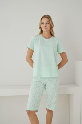 Formo Kadın %100 Organik Pamuk Kiraz Desenli Kısa Kollu Kapri Doğal Pijama Takımı Mint Yeşil