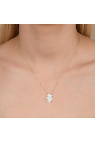 Zirkon Taşlı Pırlanta Montür Altın Kaplama Ortası Beyaz Opal Fatma Nın Eli Gümüş Kolye Gold - Rose Gold - Gümüş