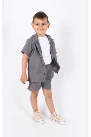 Aden Kids Erkek Çocuk Gömlek+sweatshirt Ve Cepli Şort Alt Üst Takım --ütü İstemez-- Gri