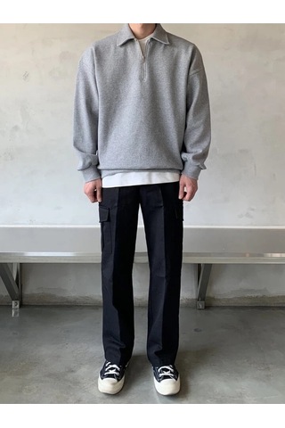 Genius Store Erkek Polo Yaka Oversize Yarım Fermuar Sweatshirt Gri