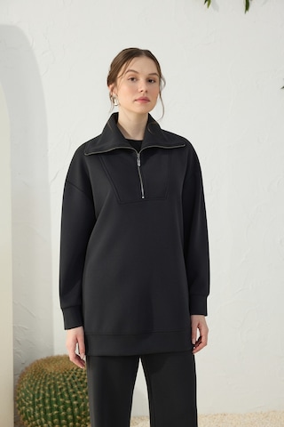 Aker Siyah Yakası Ve Yan Yırtmaçları Fermuarlı Modal Sweatshirt Siyah Siyah