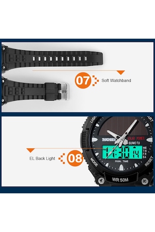 Leezsing Güneş Enerjili Su Geçirmez Spor Kol Saati - Çift Kadranlı Ve 50 Metre Su Dayanıklı Çok Renkli