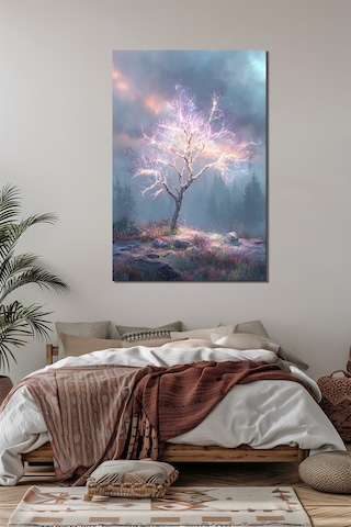 Işıltılı Ağaç Baskılı Cam Tablo Fantastik Doğa Ve Işık Efektli Duvar Dekoru
