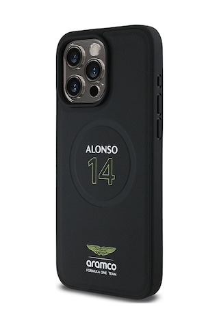 Apple Uyumlu iPhone 15 Pro Max Kılıf Aston Martin Lisanslı Magsafe Pu Deri Alonso 14 Baskılı Kapak Siyah