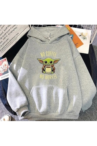 Zip Moda Baby Yoda No Coffee No Workee Baskılı Kapüşonlu Sweatshirt Hoodie Gri