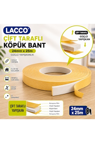 Lacco Çift Taraflı Köpük Bant 24 Mm X 25 M Güçlü Yapışkanlı Montaj Bandı Çok Amaçlı Beyaz 1 Adet