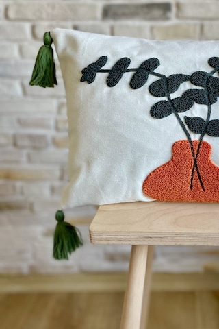 Swita Home Punch İşlemeli Tekli Dekoratif Özel Tasarım Kırlent Kılıfı Panç Turuncu - Bej