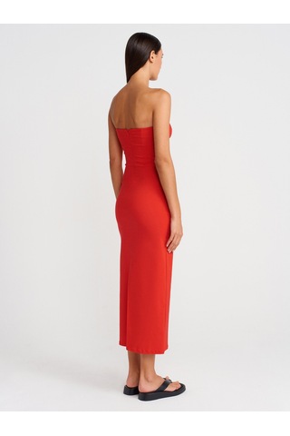 Dilvin 91368 Straplez Midi Elbise-kırmızı Kırmızı