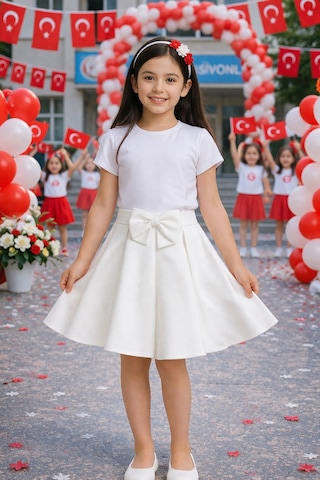 Her Şey Nota Www.herseynota.com Kız Çocuk Beyaz Dalgıç Etek Fiyonk Detaylı Okul Bayram Etkinlik 5-13 Yaş