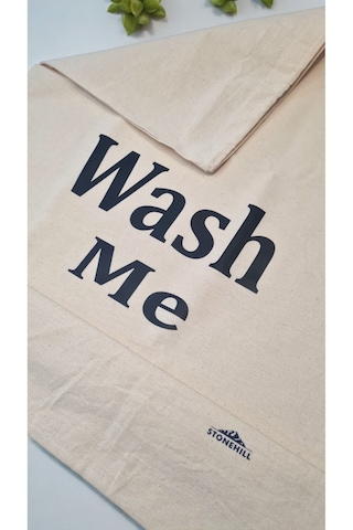 Wash Me Desenli Çok Amaçlı Kanvas Kirli Çamaşır Torbası 50x70 Cm Açık Bej