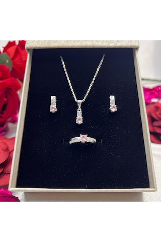Pembe Tektaş Model Kadın 3'lü Set 925 Ayar Gümüş Zirkon Rodyumlu Taşlı Gümüş