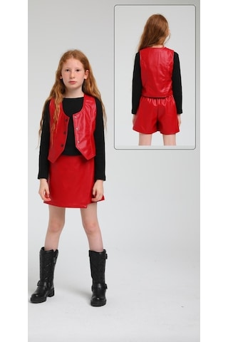 Kız Çocuk Beli Lastikli Şort Etek-13431-kırmızı Kırmızı