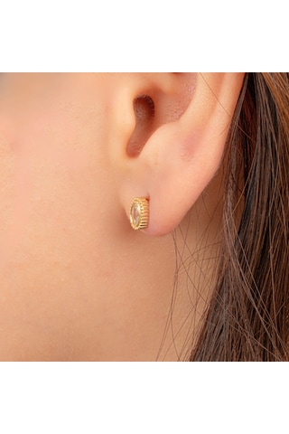 Altın Küpe - 14 Ayar Altın Oval Taşlı Tasarım Küpe Sarı