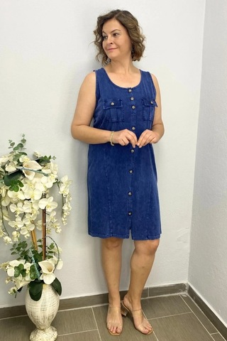 Mia Butik Kadın Yıkamalı Önden Düğmeli Elbise Lacivert