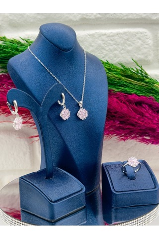 925 Ayar Gümüş Pembe Kuvars Taşlı Özel Tasarım 3 Lü Zarif Kadın Takı Seti Gümüş