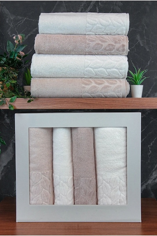 Hazal %100 Pamuklu Kutulu 4'lü Banyo Havlu Seti Hamam Takımı 50x90 - 90x150 Bej-krem - 00081 Bej