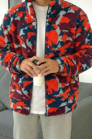 Genius Store Oversize Peluş Tam Fermuarlı Sweatshirt Peluş İçi Polarlı Sherpa Kumaş Sweatshirt Kırmızı