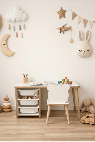 Çocuk Masa Sandalye Takımı-3 Sepetli Çocuk Çalışma Masası Aktivite Masası Yaz-sil Panda Sandalye Beyaz