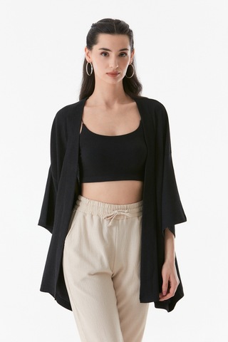 Fullamoda Basic Bürümcük Kumaş Şal Yaka Kimono 24ygb7197202080-siyah 24YGB7197202080-Siyah