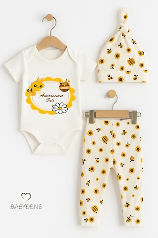 Babyden's Amcasının Balı Yazılı 3 Lü Bebek Takımı Kısa Kollu Çıtçıtlı Body, Arı Desenli Fitilli Pantolon, Bere Seti Unisex Ekru
