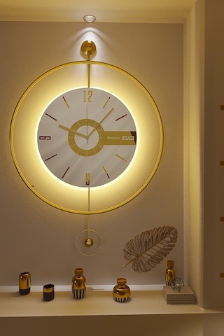 MetaQuartz Aksesuar Büyük Boy 50 x 75 CM Gold Elit Three (Pilli Led Sistemi) Modern Dekoratif Metal Duvar Saati Gold