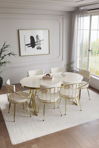 Selenit Mutfak Yemek Masası Takımı- 6 Kişilik Mutfak Masa Sandalye Takımı- Mutfak Masası Takımı Gold Düz Krem