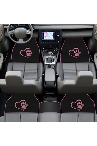 Sevgili Köpek Pati Desenli Pembe Nakışlı Araç Halı Paspas Seti Şık Ve Sevimli Oto Paspas Aksesuar