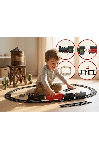 12 Parça Pilli Tren Seti Işıklı Ve Duman Çıkaran Modüler Ray Sistemli Siyah Tren Kırmızı Vagon