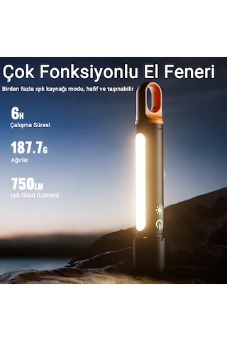 X725 Çok Fonksiyonlu Şarjlı Kamp El Feneri 750 Lm Led, Yan Lamba, Su Geçirmez, Powerbank Siyah