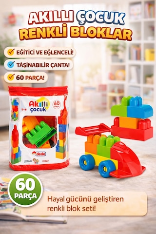 Akıllı Çocuk Renkli Bloklar 60 Parça Eğitici Ve Taşınabilir Yapı Oyuncağı