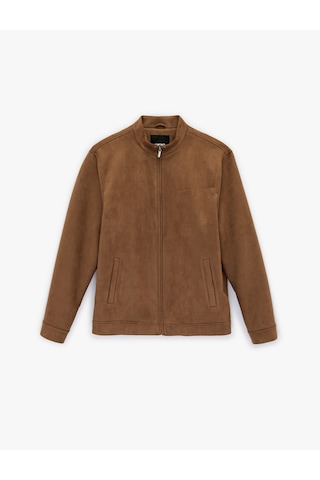 Koton Uzun Kollu Dik Yaka Cepli Fermuarlı Slim Fit Kahverengi Suni Süet Bomber Ceket Bej 6sam20026hw Ekru