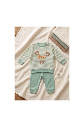 Deniva Kids Bebek Mint Yeşili Çizgili Kabartma Ayıcık Nakışlı Pamuklu 2'li Alt Üst Takım Yeşil
