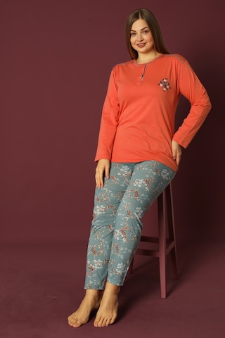 Nisanca Uzun Kollu %100 Pamuk Büyük Beden Anne Pijama Takımı- Anne Özel Serisi Turuncu