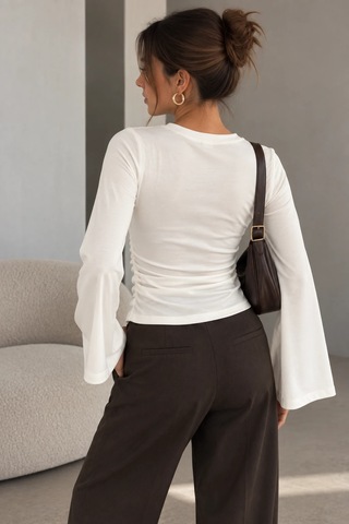 Bb Butik Basic Yan Büzgülü İspanyol Kol Basic Kadın Bluz My3535 Beyaz