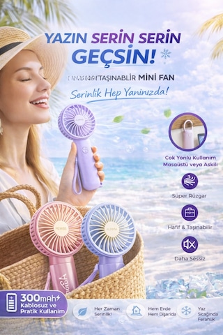 Taşınabilir Mini Fan 300mah Kablosuz Sessiz Güçlü Motor Yaz İçin Serinlik Sağlar 3 Kademeli Serinlik